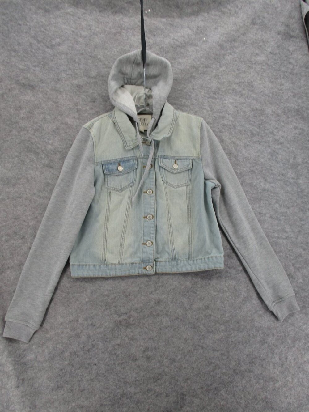 thread supply hooded denim jacket women's Large w38 fits medium